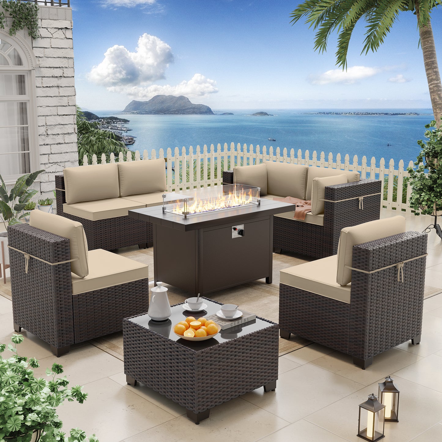 ALAULM 8 Pcs Patio Furniture Set withStainless Steel Gas Fire Pit Table, Brown/Blue