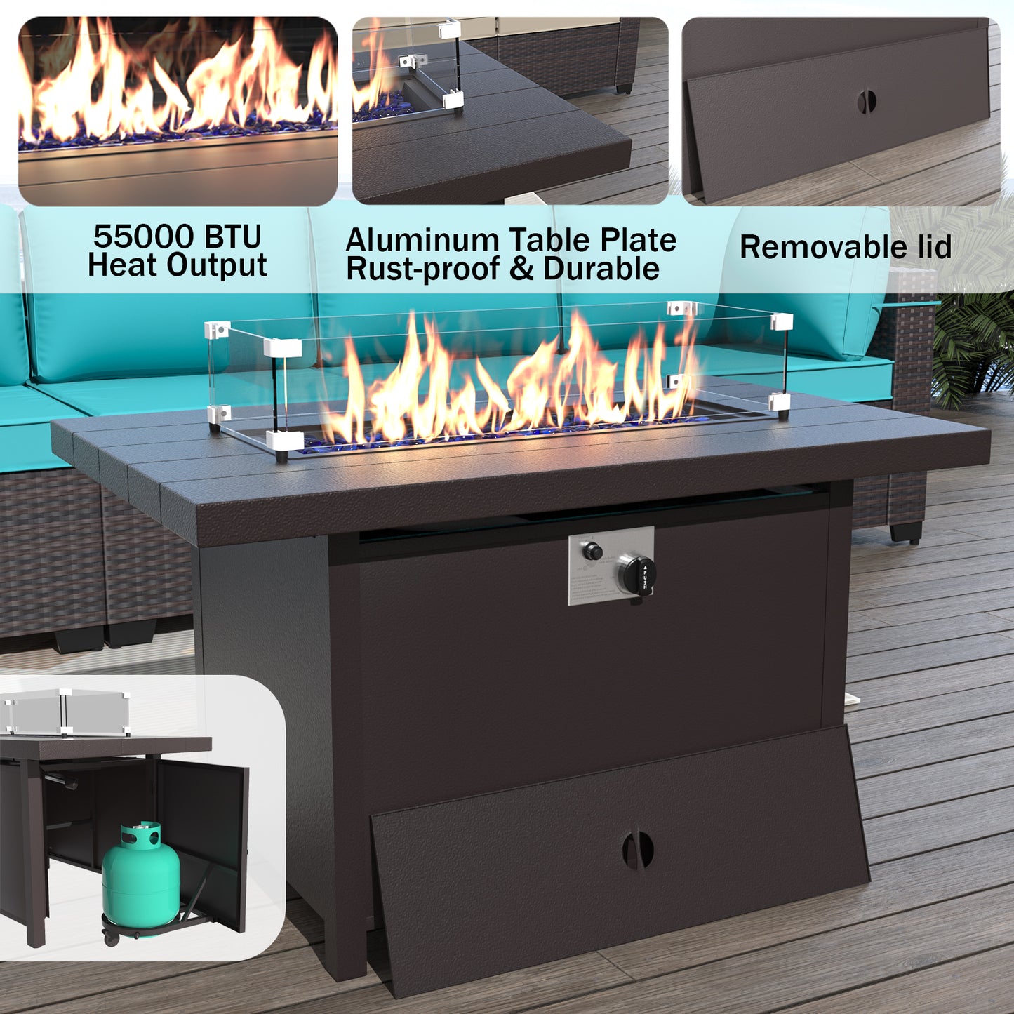 ALAULM 8 Pcs Patio Furniture Set withStainless Steel Gas Fire Pit Table, Brown/Blue