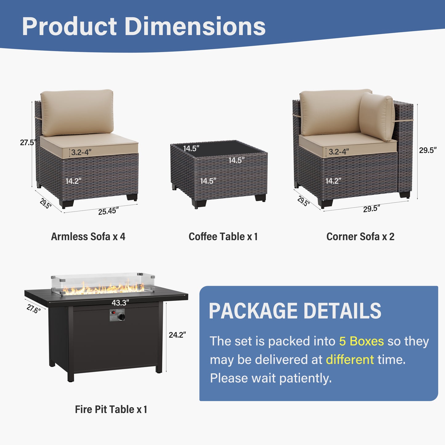 ALAULM 8 Pcs Patio Furniture Set withStainless Steel Gas Fire Pit Table, Brown/Blue