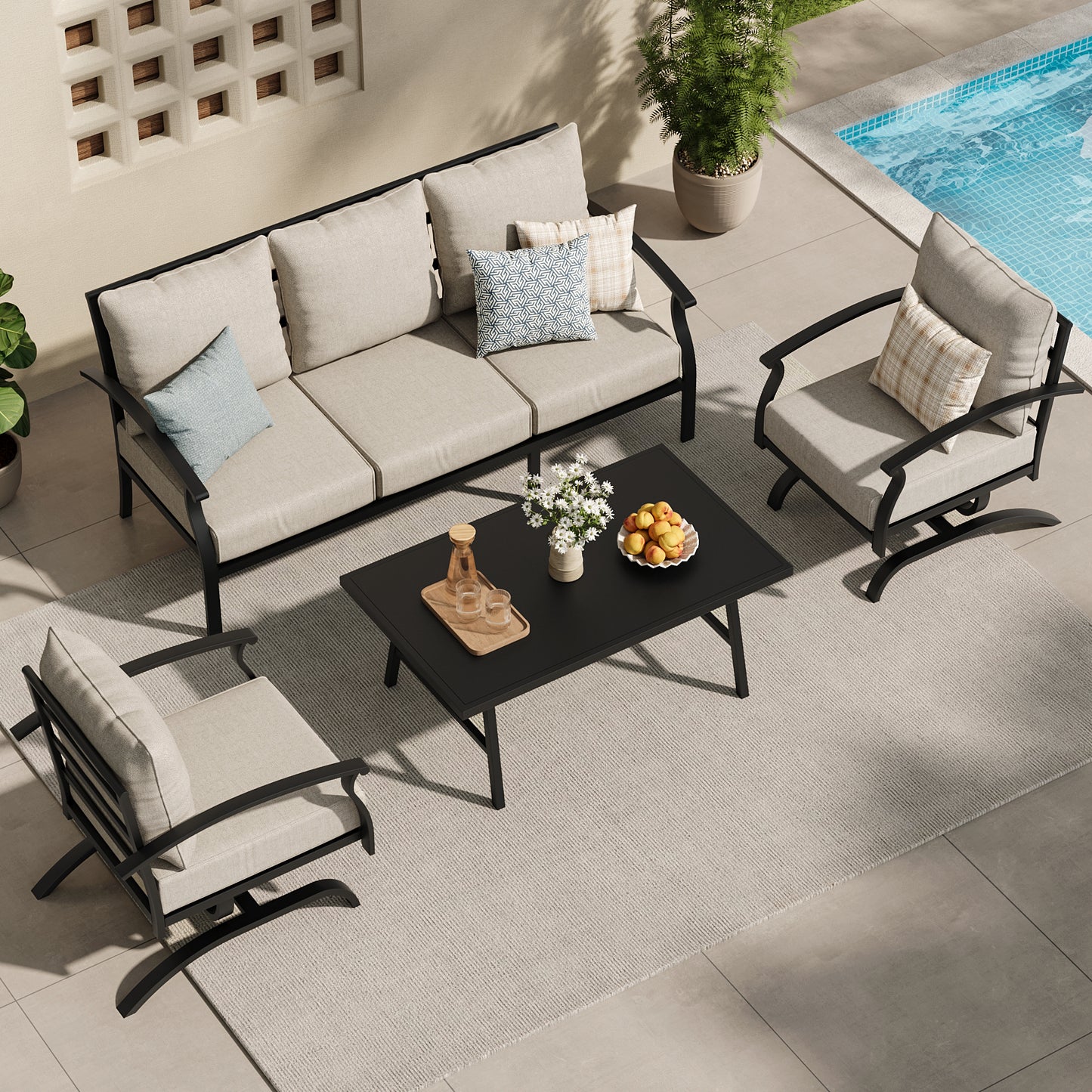 ALAULM 4 Piece Patio Furniture Set,Outdoor Metal Patio Furniture with Coffee Table & Rocking Chairs Conversation Set for Porch,Backyard,Poolside, Garden
