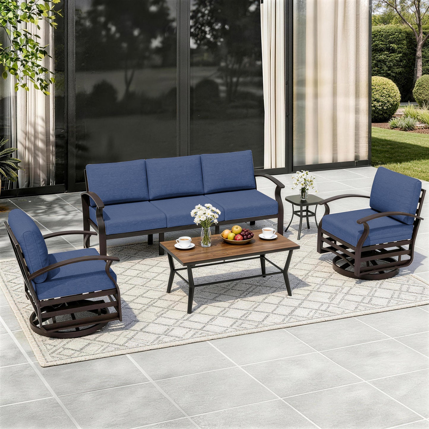 ALAULM Aluminum Patio Furniture Set with Coffee Table Rectangular, 5-seat Outdoor Sectional Furniture w/2 Swivel Chairs, Patio Conversation Set for Porch, Backyard, Poolside