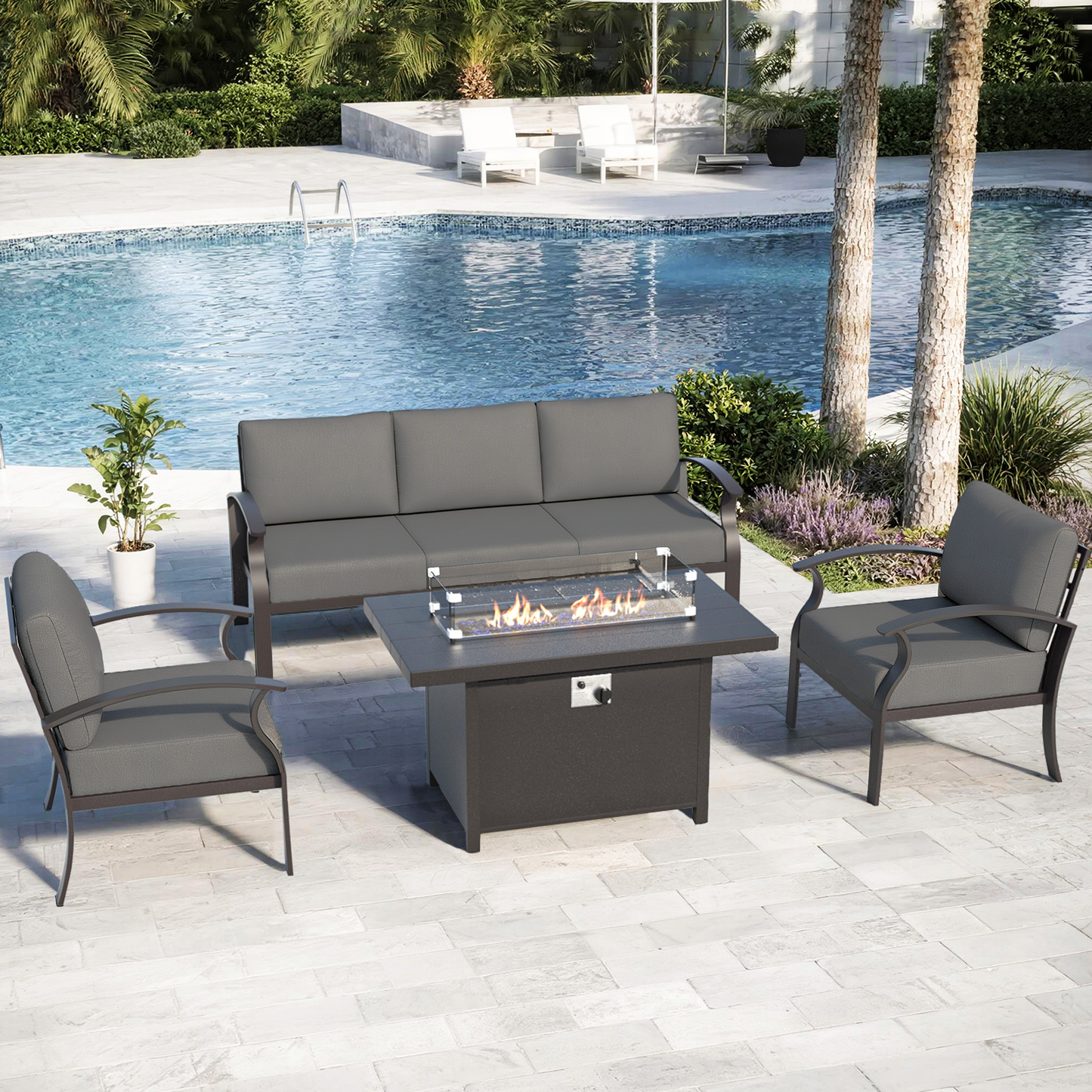 ALAULM 5-Seat Aluminum Patio Furniture Set with Propane Fire Pit