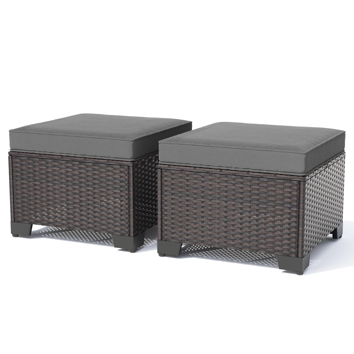 Gotland 2 Pieces All Weather PE Rattan Outdoor Ottoman Foot Stool with Thick Removable Navy Cushion for Backyard, Deck, Porch & Poolside