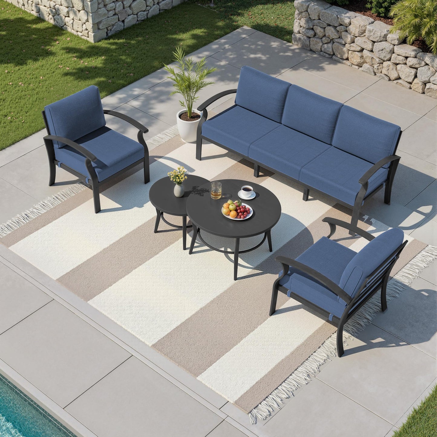 Gotland 5 Piece Aluminum Patio Furniture Set,Modern Metal Outdoor Patio Furniture w/5.1'' Thick Cushion and Round Coffee Table,Patio Conversation Sets for Porch,Deck