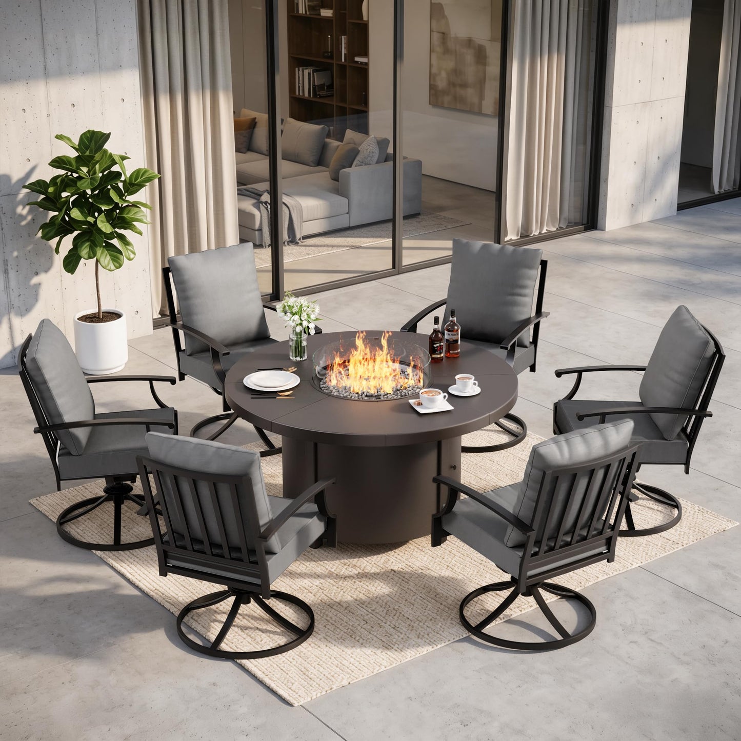 Gotland 7-Piece Outdoor Patio Dining Set, 48 Inch Round Propane Fire Pit Table with 6 Swivel Rocking Chairs, All Weather Patio Conversation Furniture for Backyard Deck Garden, Gray