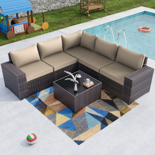 Gotland 6 Pieces Outdoor Patio Furniture Set Rattan Wicker Conversation Set,Wide Armrest