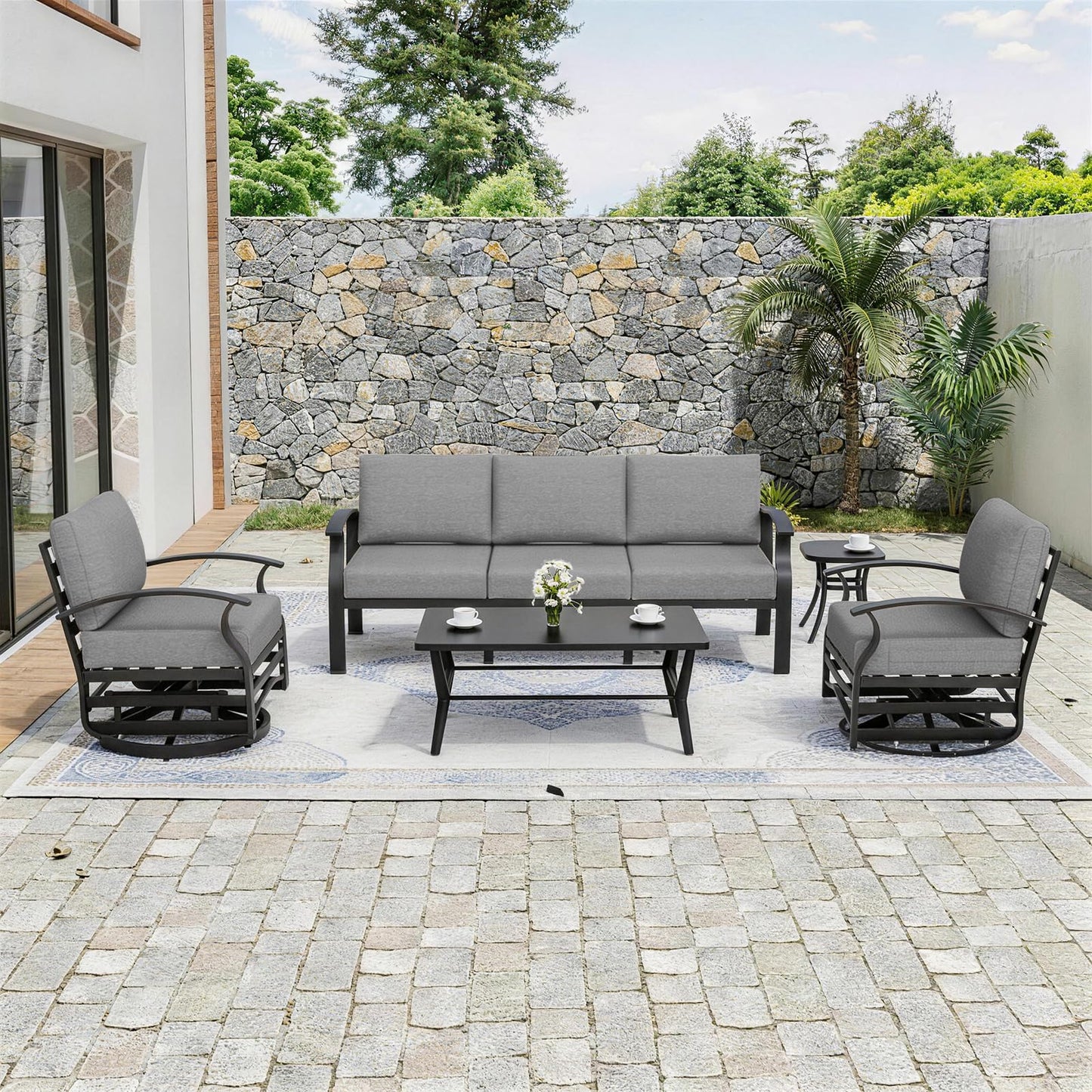 ALAULM Aluminum Patio Furniture Set 5-Seat Modern Outdoor Conversation Sets w/Swivel Rocking Chairs with Rectangular Coffee Table