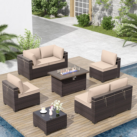 ALAULM 8-Piece Outdoor Patio Furniture Set with 55,000 BTU Propane Fire Pit Table – All-Weather Wicker Sectional with Cushions