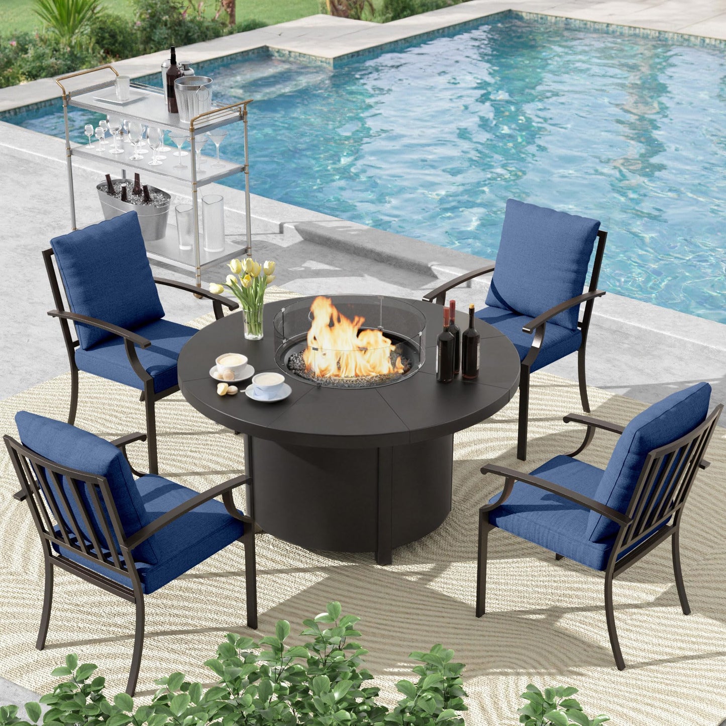 ALAULM 5PCS Metal Outdoor Patio Furniture Set with 48"/55000 BTU Round Propane Fire Pit Table,Patio Conversation Sets 4 Fixed Chairs No-Slip Cushions