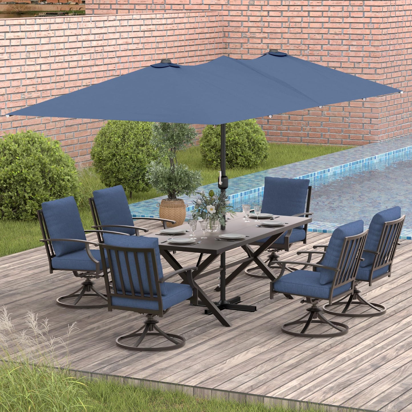 Gotland 8PCS Outdoor Patio Dining Set with 13.6ft Double-Sided Patio Umbrella, Patio Table and Chairs Metal Outdoor Patio Furniture Set, Dining Table Set with 6 Swivel Chairs