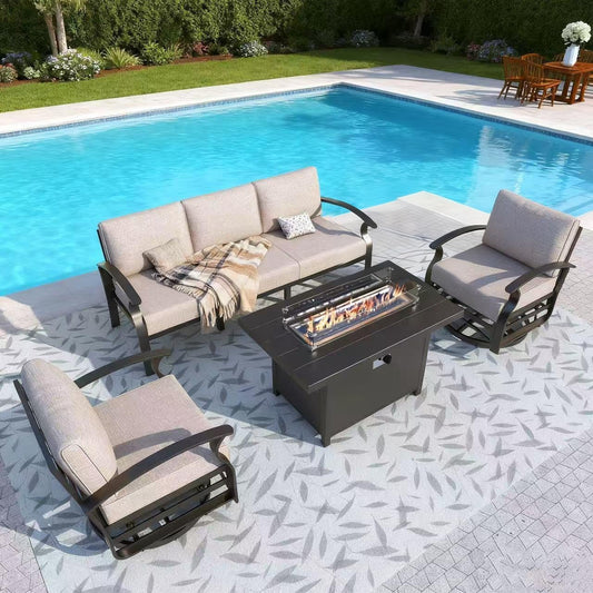 Gotland 5 Seats Outdoor Metal Patio Furniture Set with 2 Swivel Rocking Chairs&55,000 BTU Gas Fire Pit Table w/Glass Wind Guard Patio Conversation Sectional Sofa Sets