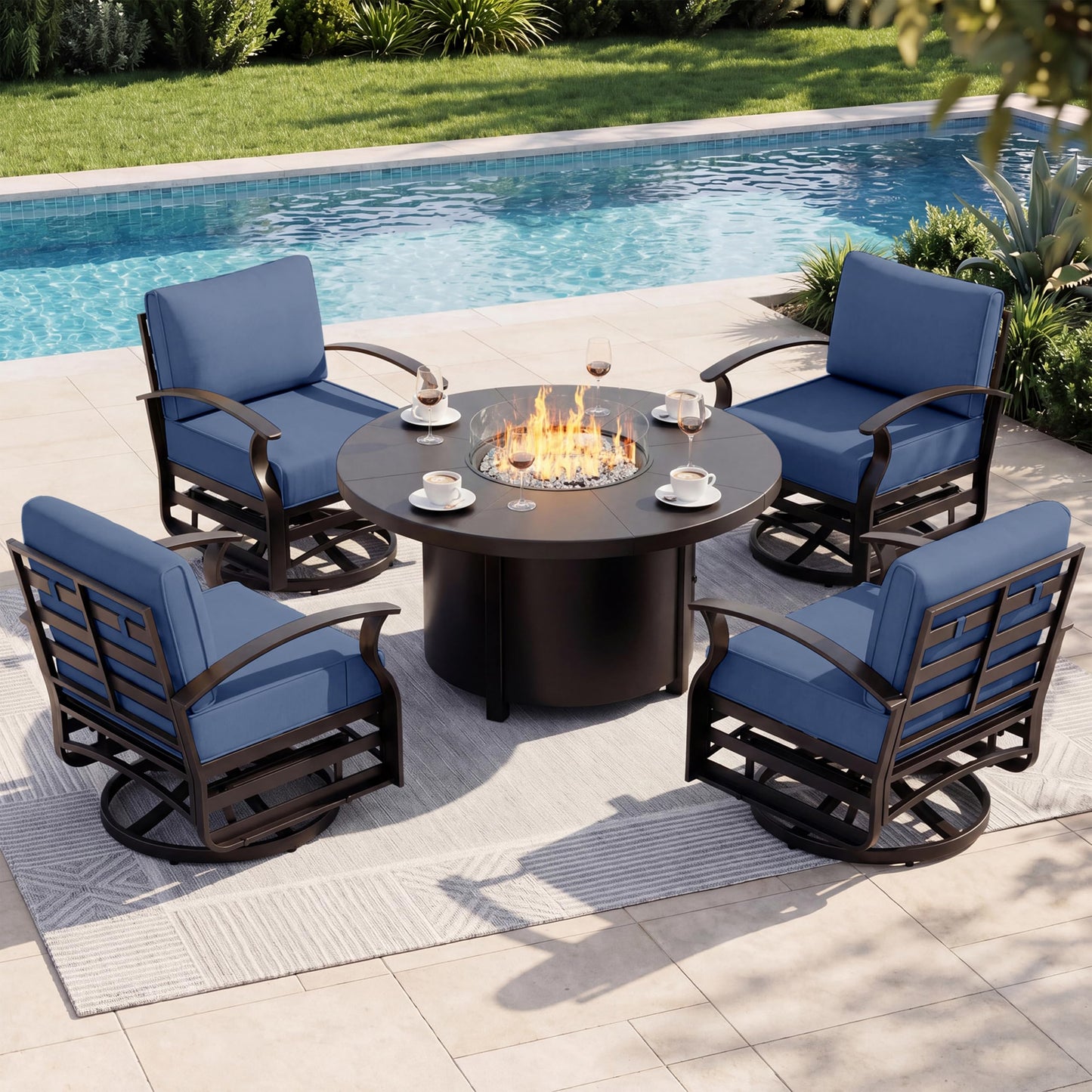 ALAULM 5 Pieces Aluminum Outdoor Patio Furniture Set, 4 Seats Patio Conversation Sets with 48" Round Propane Fire Pit Table,Metal Furniture Set with Thick Cushion