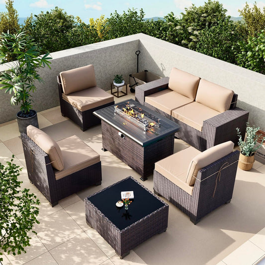 Gotland Outdoor Patio Furniture Set with 43" Propane Fire Pit Table, 7 Pieces Outdoor Furniture Patio Sectional Sofa Conversation Sets