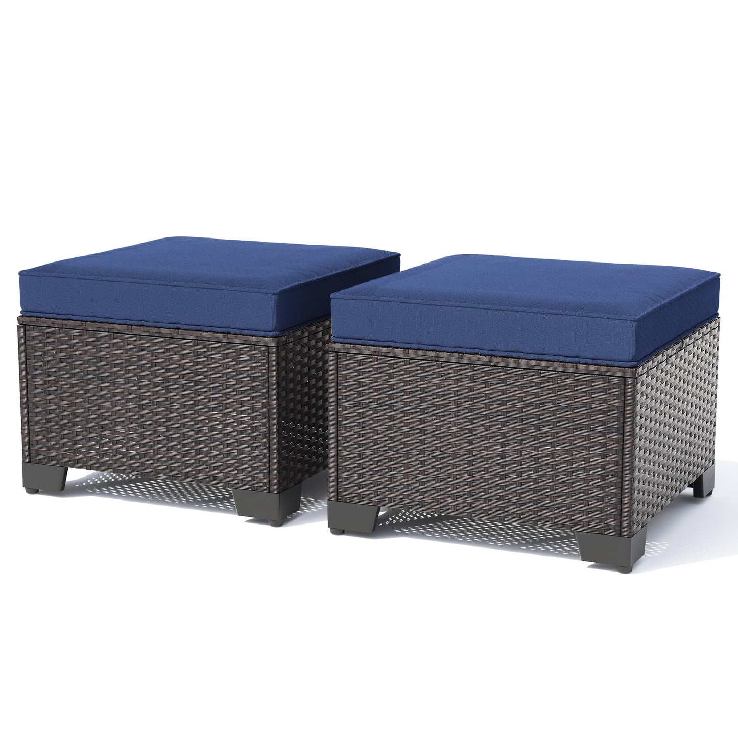 Gotland 2 Pieces All Weather PE Rattan Outdoor Ottoman Foot Stool with Thick Removable Navy Cushion for Backyard, Deck, Porch & Poolside