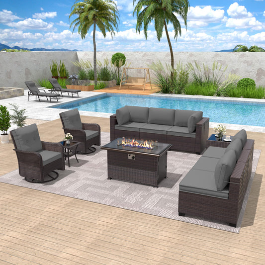 ALAULM 11-Piece Outdoor Patio Furniture Set – Sectional Sofas with Swivel Chairs & Gas Fire Pit