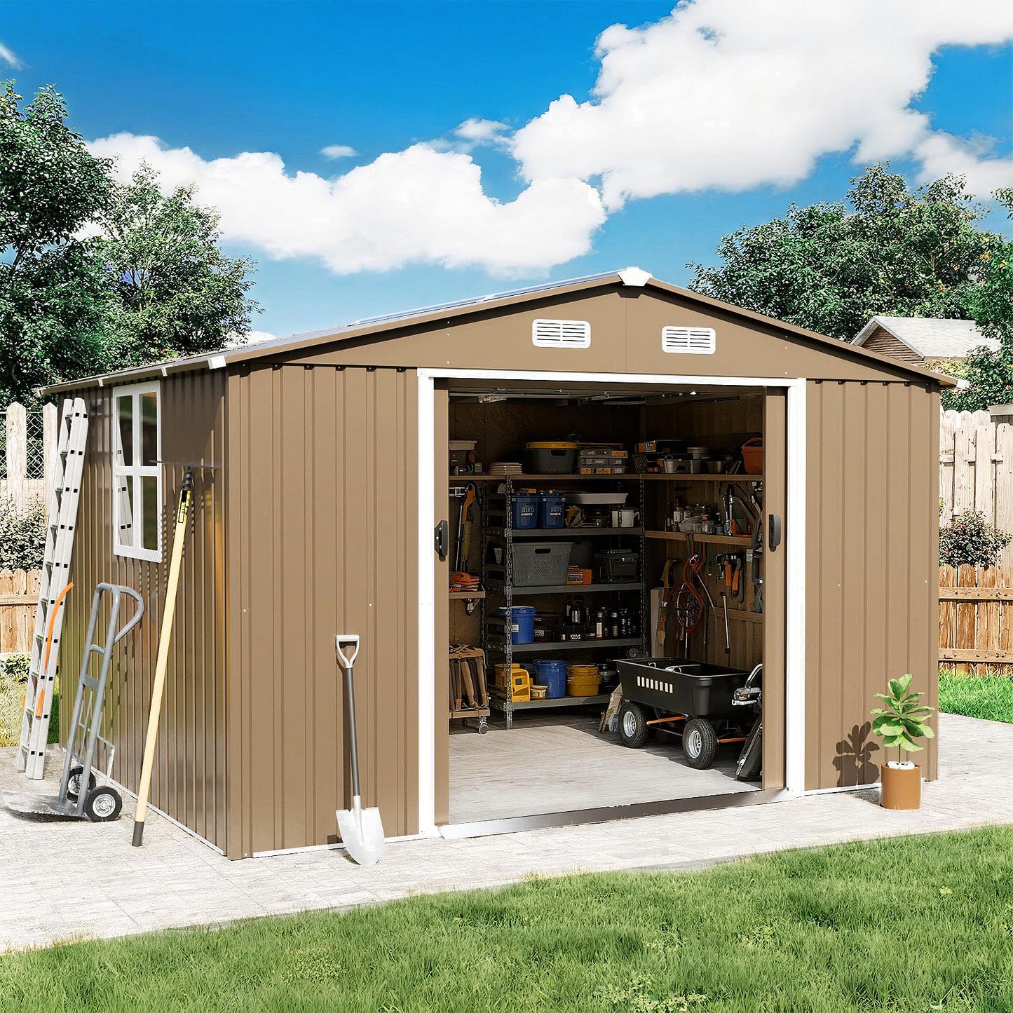 Gotland 10 x 8 FT Metal Tool Storage Shed - Waterproof Outdoor Shed with Lockable Sliding Door & Air Vents for Garden/Backyard