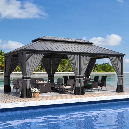 12x20 Hardtop Gazebo | Double Roof, Privacy Curtains, Mesh