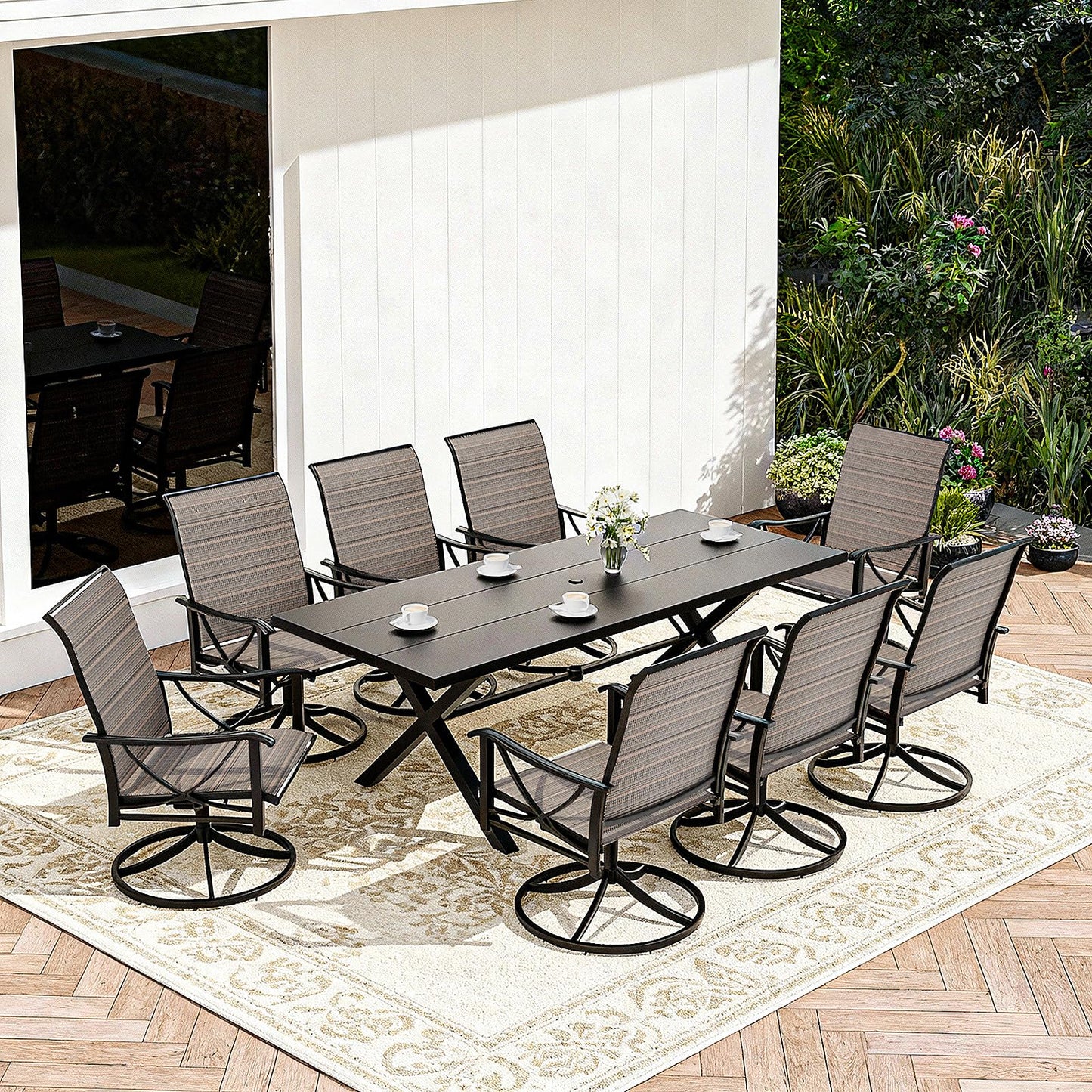 Gotland 7-Piece Patio Swivel Dining Set, Outdoor Chairs with Breathable Teslin Seat & Backrest, 360° Swivel Metal Frame Chairs, X-Leg Metal Table, Patio Dining Set for Garden Backyard,Brown