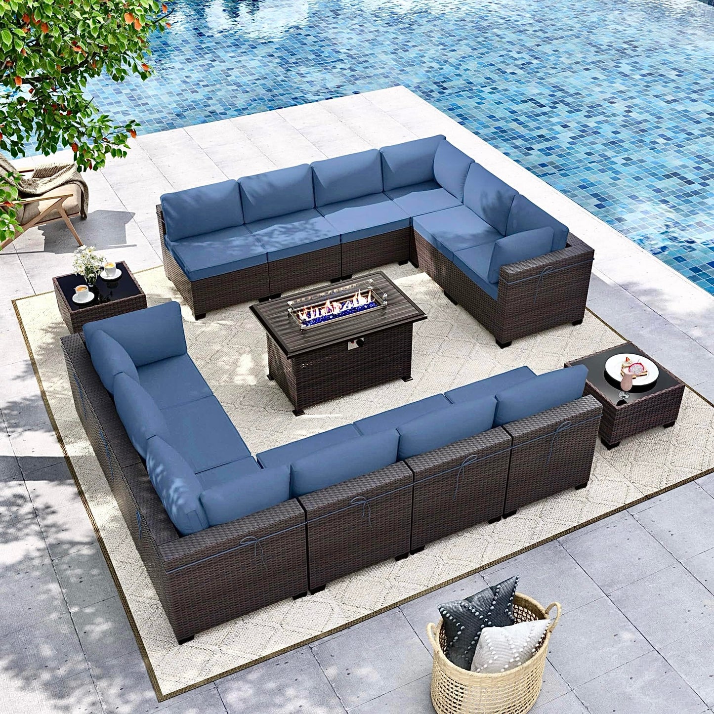 Gotland Outdoor Patio Furniture Set 14 Pieces Sectional Rattan Sofa Set PE Rattan Wicker Patio Conversation Set with Seat Cushions and Tempered Glass Table