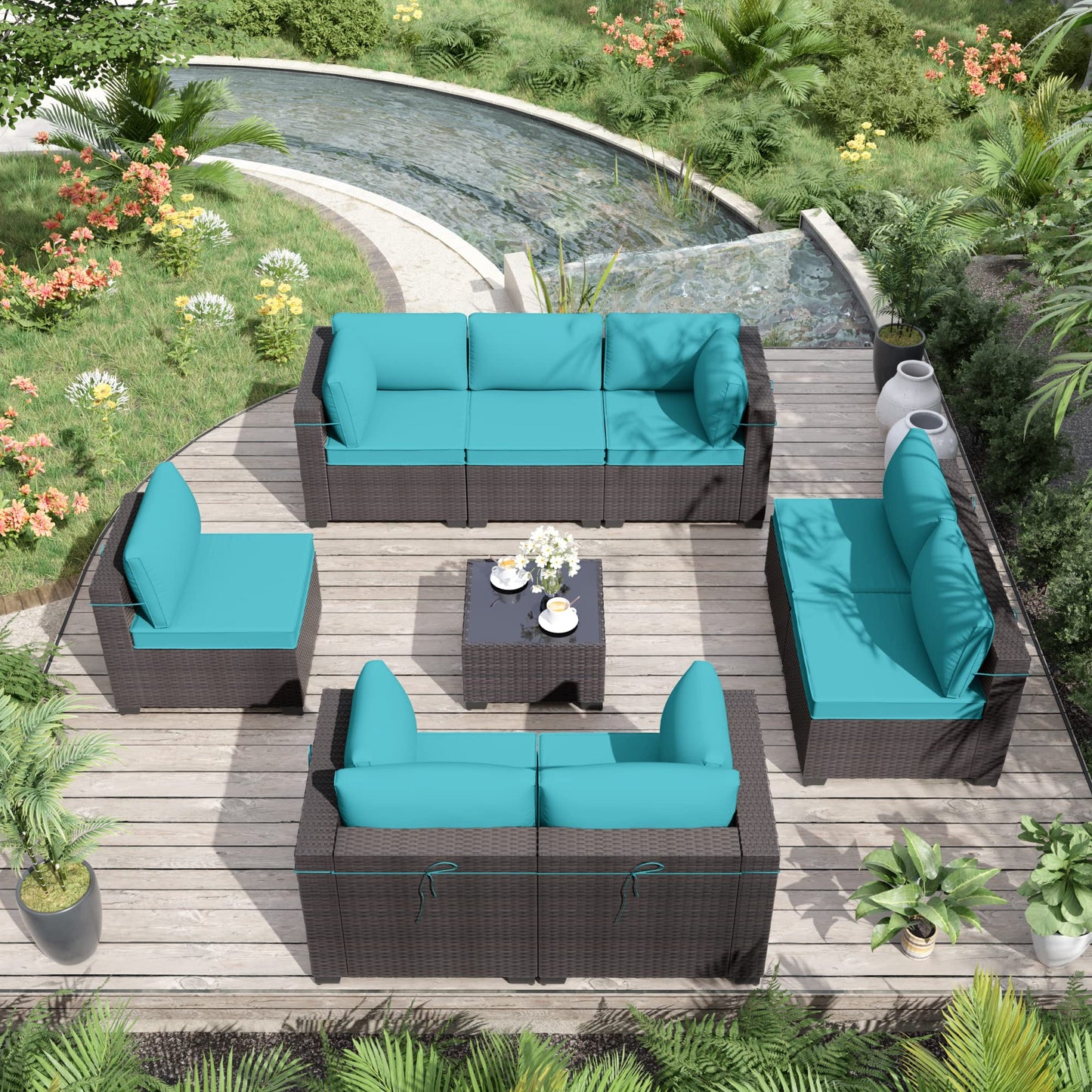 ALAULM 9-Piece Outdoor Patio Furniture Set – All-Weather Wicker Sectional Sofa with Cushions & Coffee Table