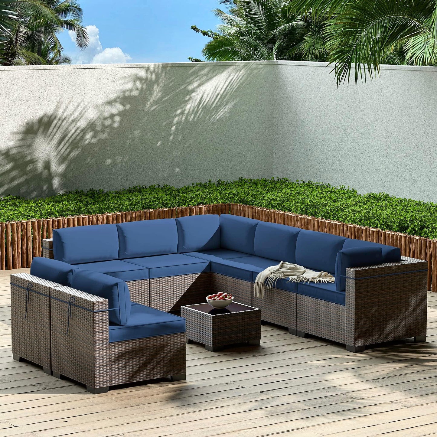 Gotland Outdoor Patio Furniture Set 9 Piece Sectional Rattan Sofa Set Rattan Wicker Patio Conversation Set with 8 Seat Cushions and 1 Tempered Glass Table