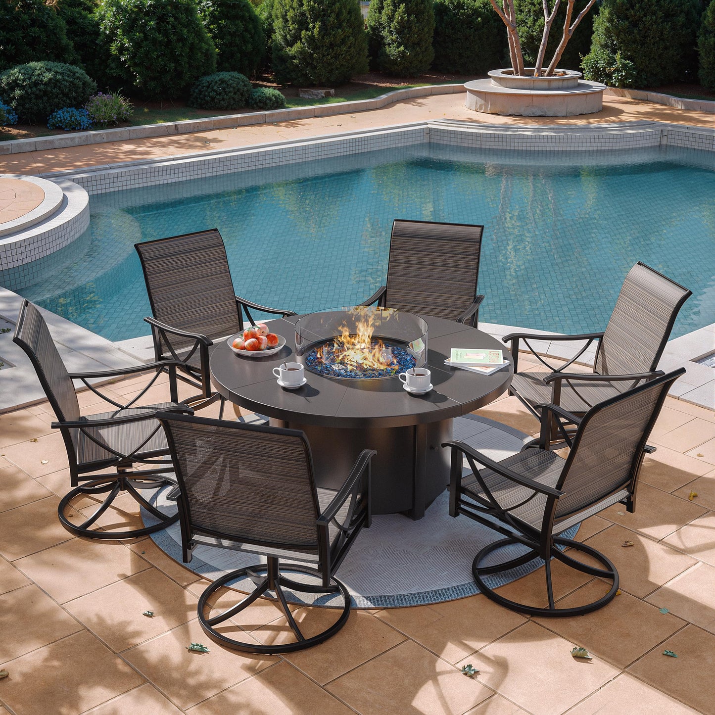 ALAULM 5 Piece Outdoor Conversation Sets, 4 Textilene Fabric Swivel Chairs with Metal Frame and w/48in Propane Round Fire Pit Table for Deck Garden Backyard Porch,Brown