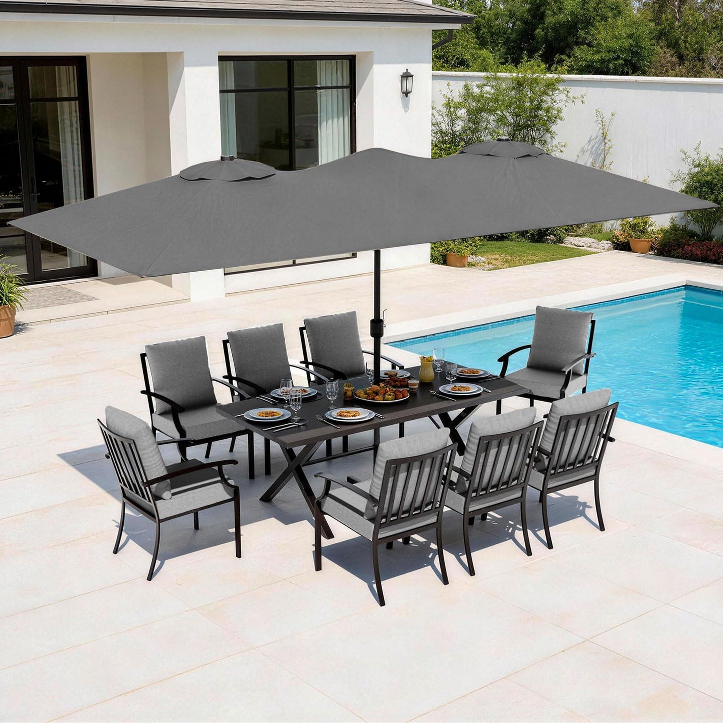 Gotland 10PCS Patio Conversation Set, Metal Outdoor Furniture Set Includes 13.6FT Umbrella, Hole Cut-Out 78.7" x 35.4" Table and 8 Metal Stackable chairs for Backyard Garden
