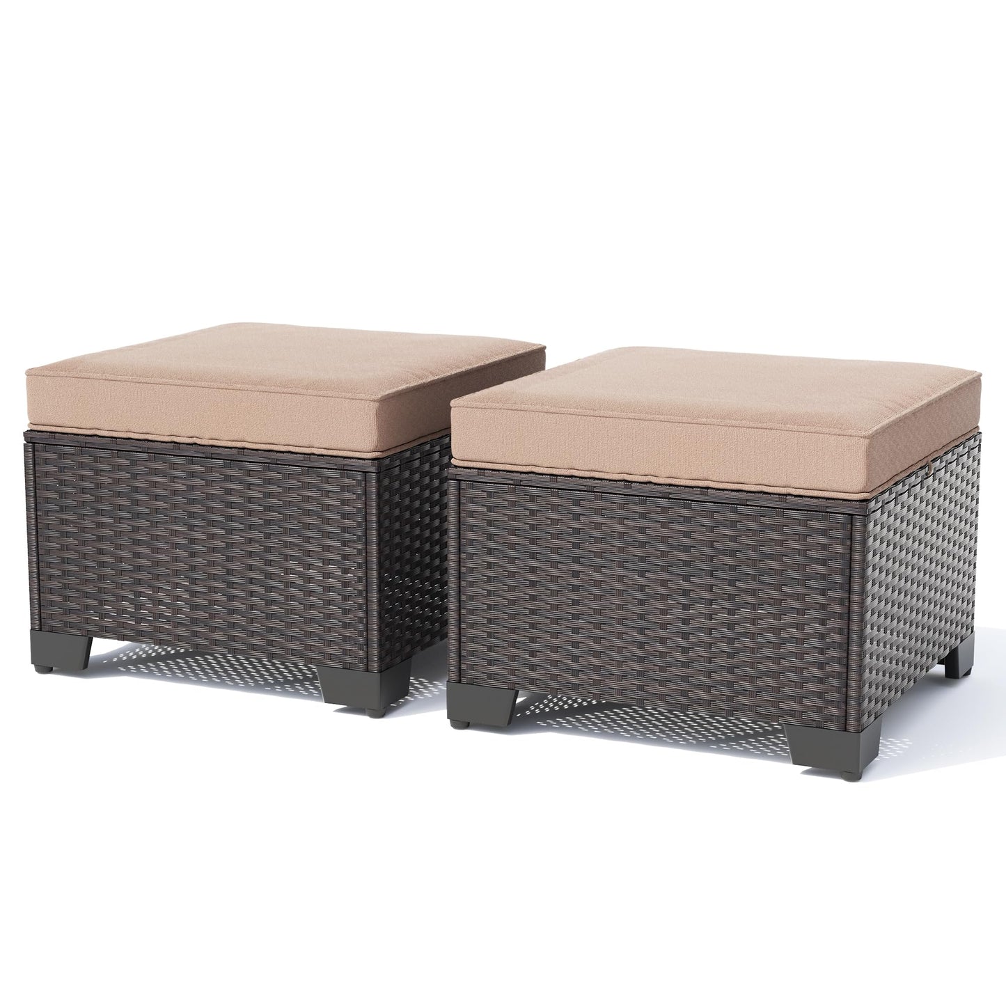 Gotland 2 Pieces All Weather PE Rattan Outdoor Ottoman Foot Stool with Thick Removable Navy Cushion for Backyard, Deck, Porch & Poolside