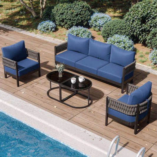 Aluminum Patio Furniture Set,5 Pieces HDPE Rope Patio Conversation Sets with Modular Coffee Table,Metal Outdoor Sectional Furniture w/5.9" Thick Cushions for Porch,Deck,Backyard,Navy Blue