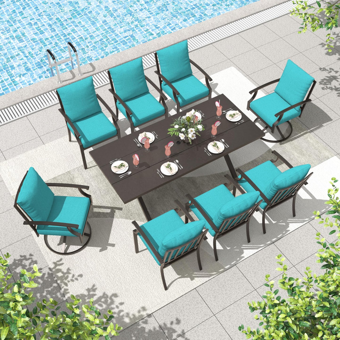 9-Piece Patio Dining Set | Swivel Chairs & Metal Table with Umbrella Hole