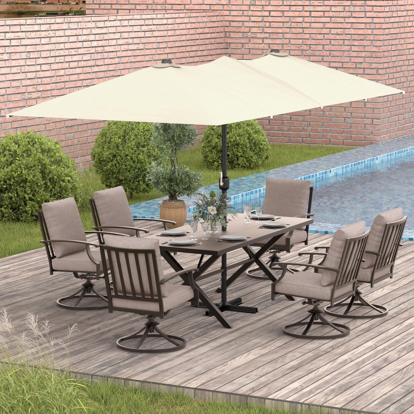 Gotland 8PCS Outdoor Patio Dining Set with 13.6ft Double-Sided Patio Umbrella, Patio Table and Chairs Metal Outdoor Patio Furniture Set, Dining Table Set with 6 Swivel Chairs