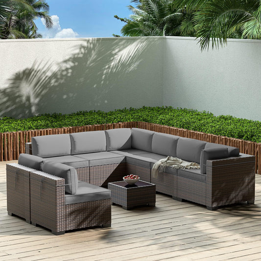 Gotland Outdoor Patio Furniture Set 9 Piece Sectional Rattan Sofa Set Rattan Wicker Patio Conversation Set with 8 Seat Cushions and 1 Tempered Glass Table