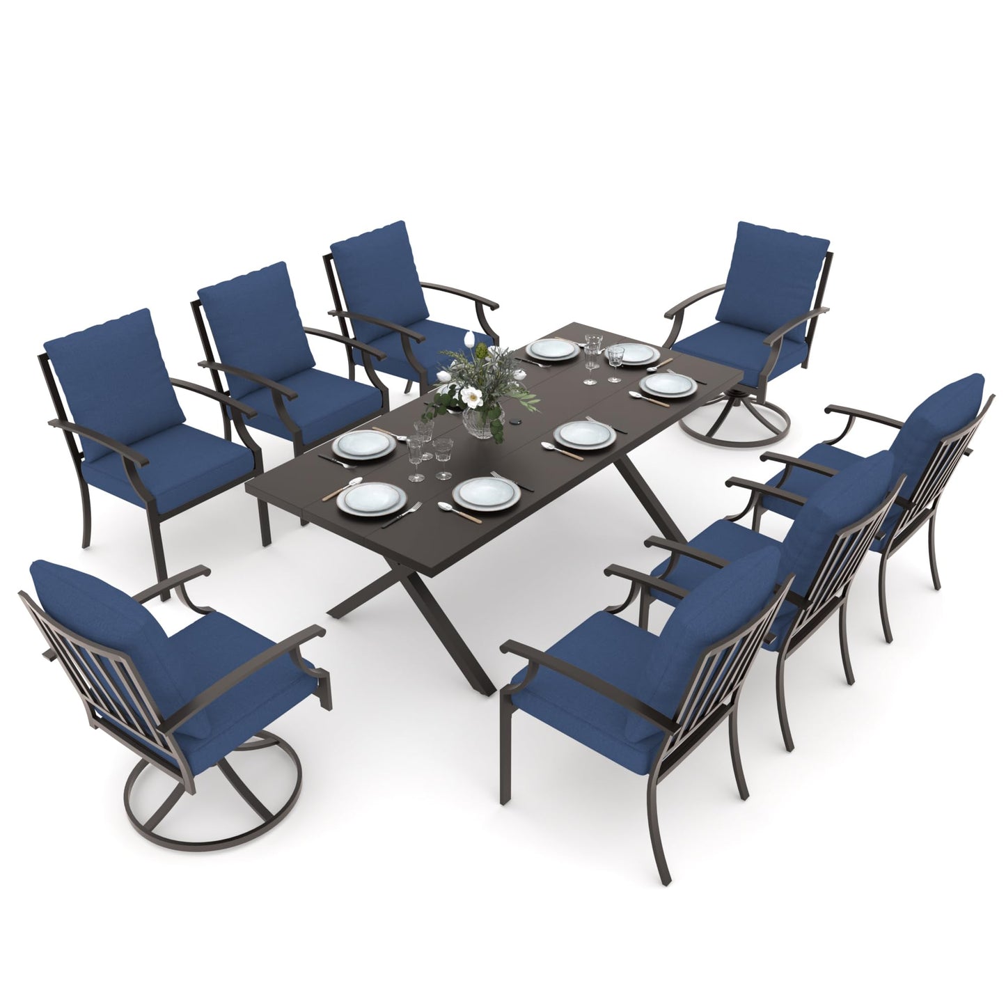 Gotland 9 Piece Outdoor Dining Set, Metal Outdoor Table,6 Single chairs and 2 Swivel Chairs , Patio Furniture Set with Waterproof Cushions, Patio Dining Sets for Backyard Deck ,Sand