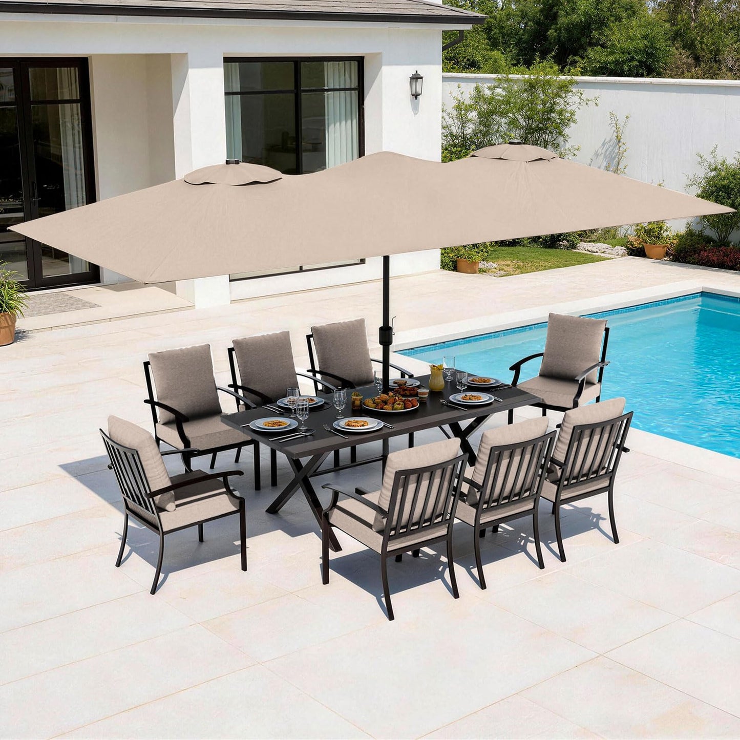 Gotland 10PCS Patio Conversation Set, Metal Outdoor Furniture Set Includes 13.6FT Umbrella, Hole Cut-Out 78.7" x 35.4" Table and 8 Metal Stackable chairs for Backyard Garden