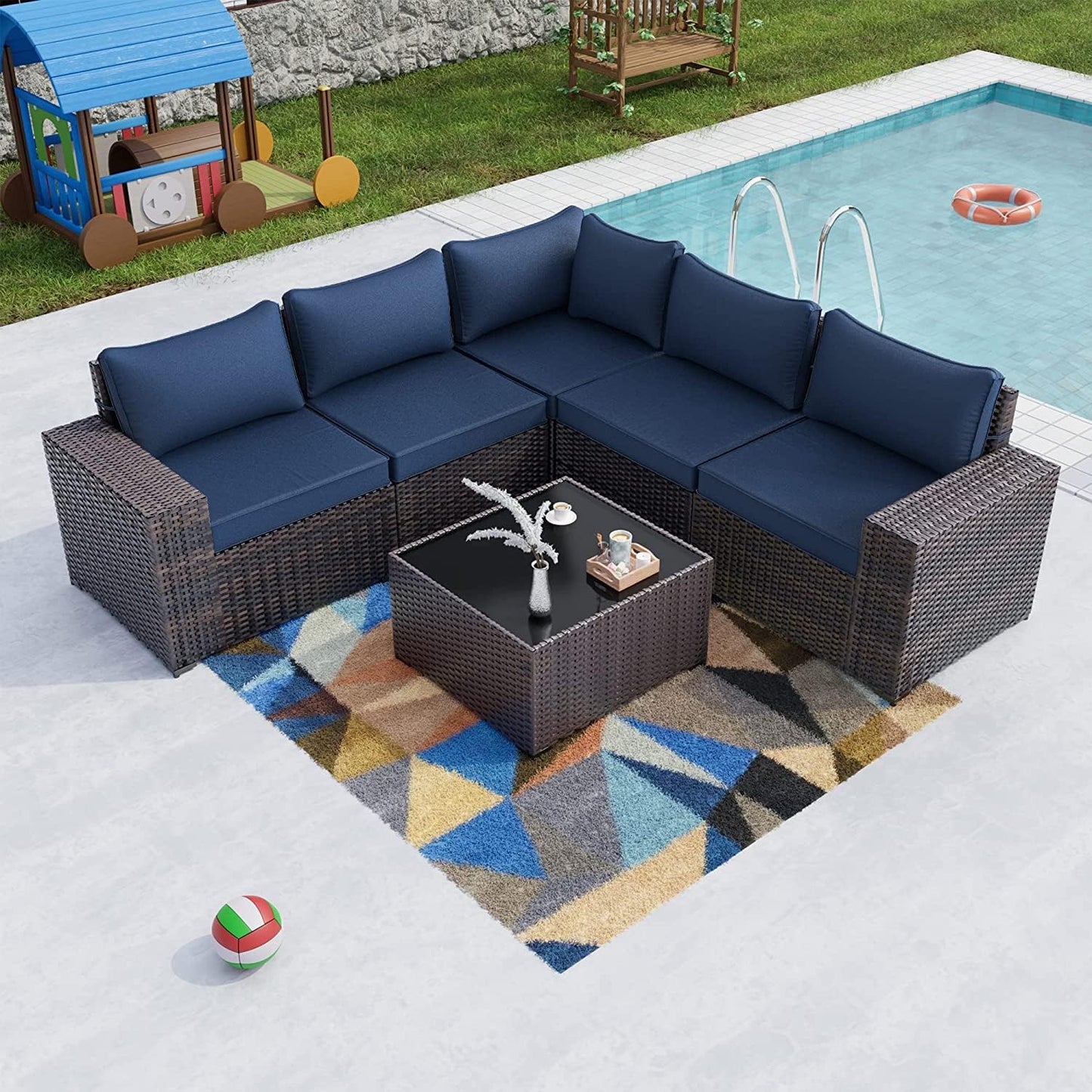 Gotland 6 Pieces Outdoor Patio Furniture Set Rattan Wicker Conversation Set,Wide Armrest