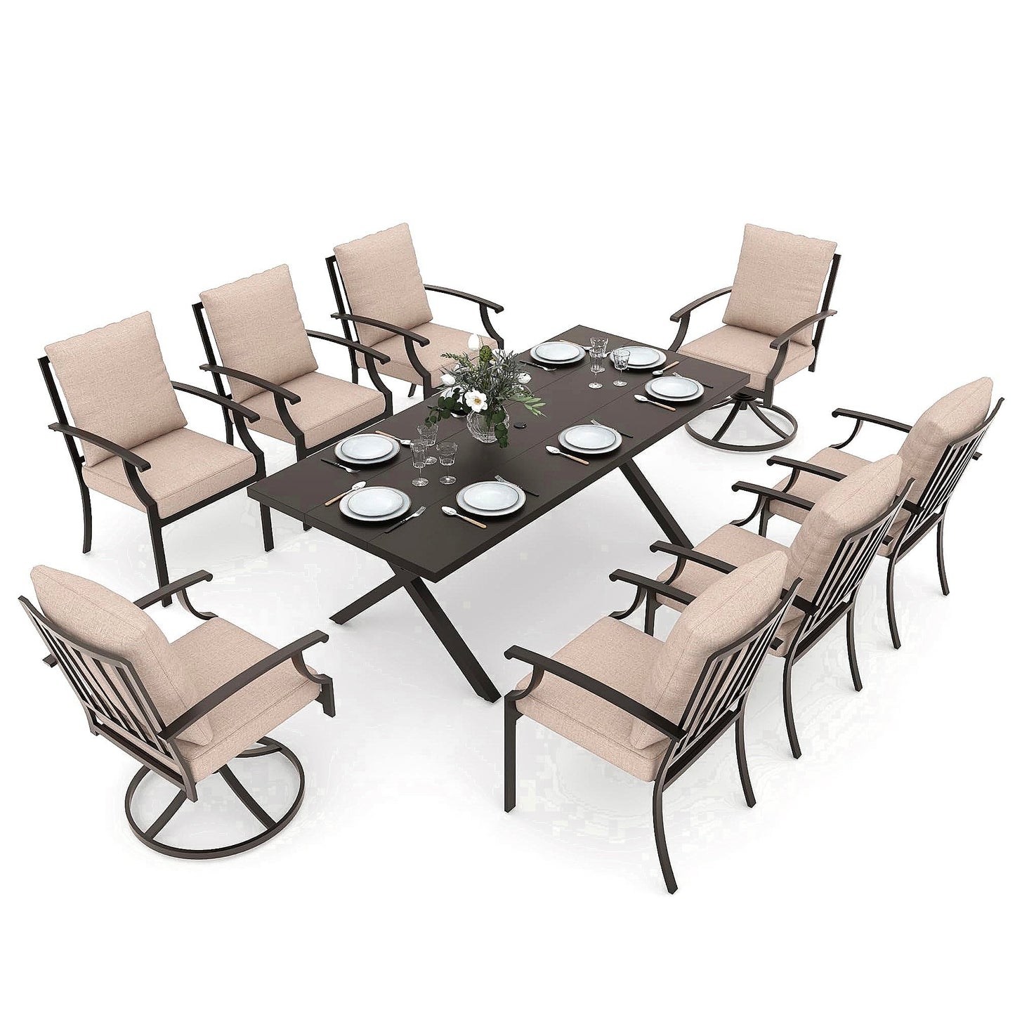 Gotland 9 Piece Outdoor Dining Set, Metal Outdoor Table,6 Single chairs and 2 Swivel Chairs , Patio Furniture Set with Waterproof Cushions, Patio Dining Sets for Backyard Deck ,Sand