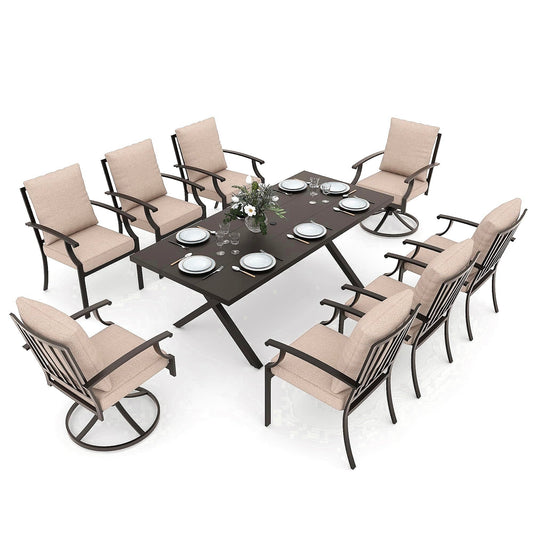 Kullavik 9 Pieces Dining Sets of 8,Fence Pattern Back Chairs & Swivel Chairs,Outdoor Patio Dinging Set For Patio,Backyard,Garden,Poolside-Sand