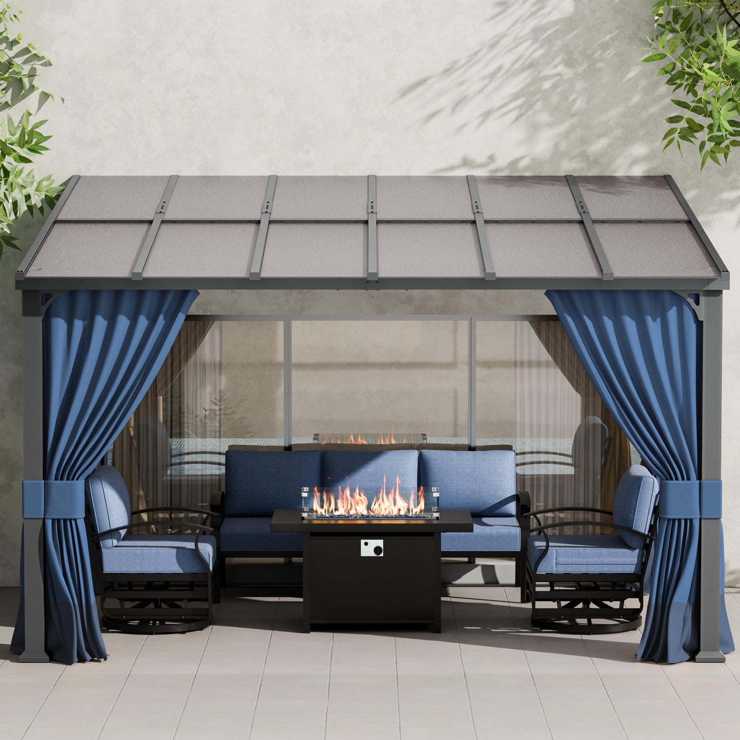 ALAULM 10'x 12' Outdoor Hardtop Gazebo,Wall Mounted Lean to Gazebo with Curtains and Netting,Galvanized Metal Frame,Sunshade for Patio, Backyard, Deck and Lawns (Dark Blue)