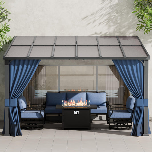 ALAULM 10'x 12' Outdoor Hardtop Gazebo,Wall Mounted Lean to Gazebo with Curtains and Netting,Galvanized Metal Frame,Sunshade for Patio, Backyard, Deck and Lawns (Dark Blue)