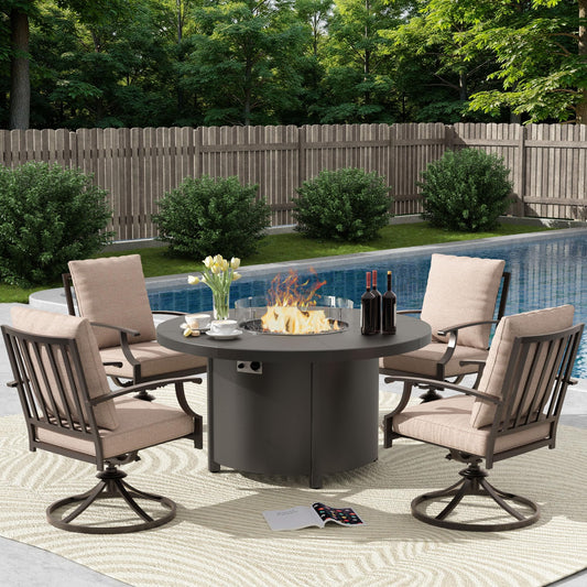 ALAULM 5PCS Metal Outdoor Patio Furniture Set with 48"/55000 BTU Round Fire Pit Table,Outdoor Dining Table Set 4 Swivel Chairs No-Slip Cushion