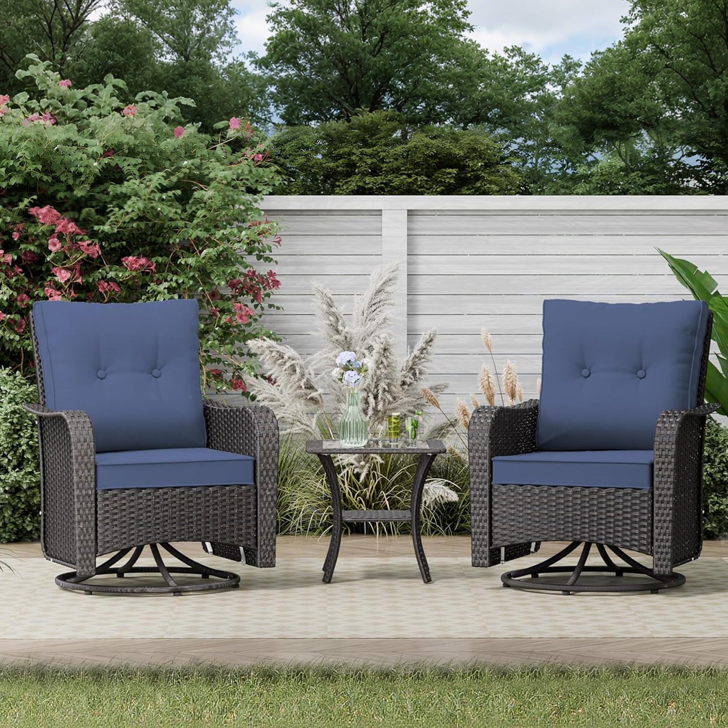 Gotland 3-Piece All-Weather Outdoor Patio Set, Wicker Swivel Chairs and Side Table, Durable Conversation Furniture for Backyard, Porch, Balcony, Deck
