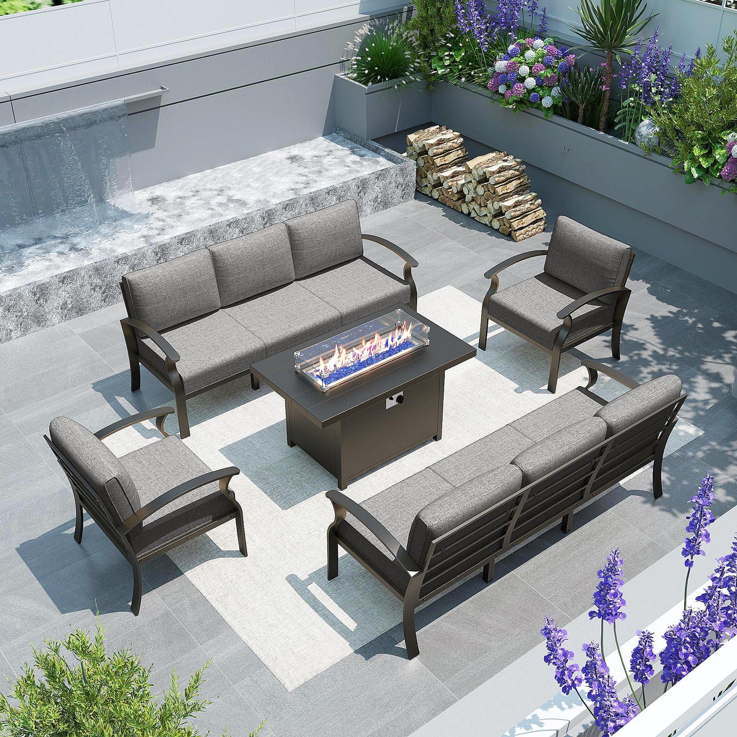 Gotland 8 Seats Outdoor Metal Patio Furniture Set with 55,000 BTU Gas Fire Pit Table w/Glass Wind Guard Patio Conversation Sectional Sofa Sets