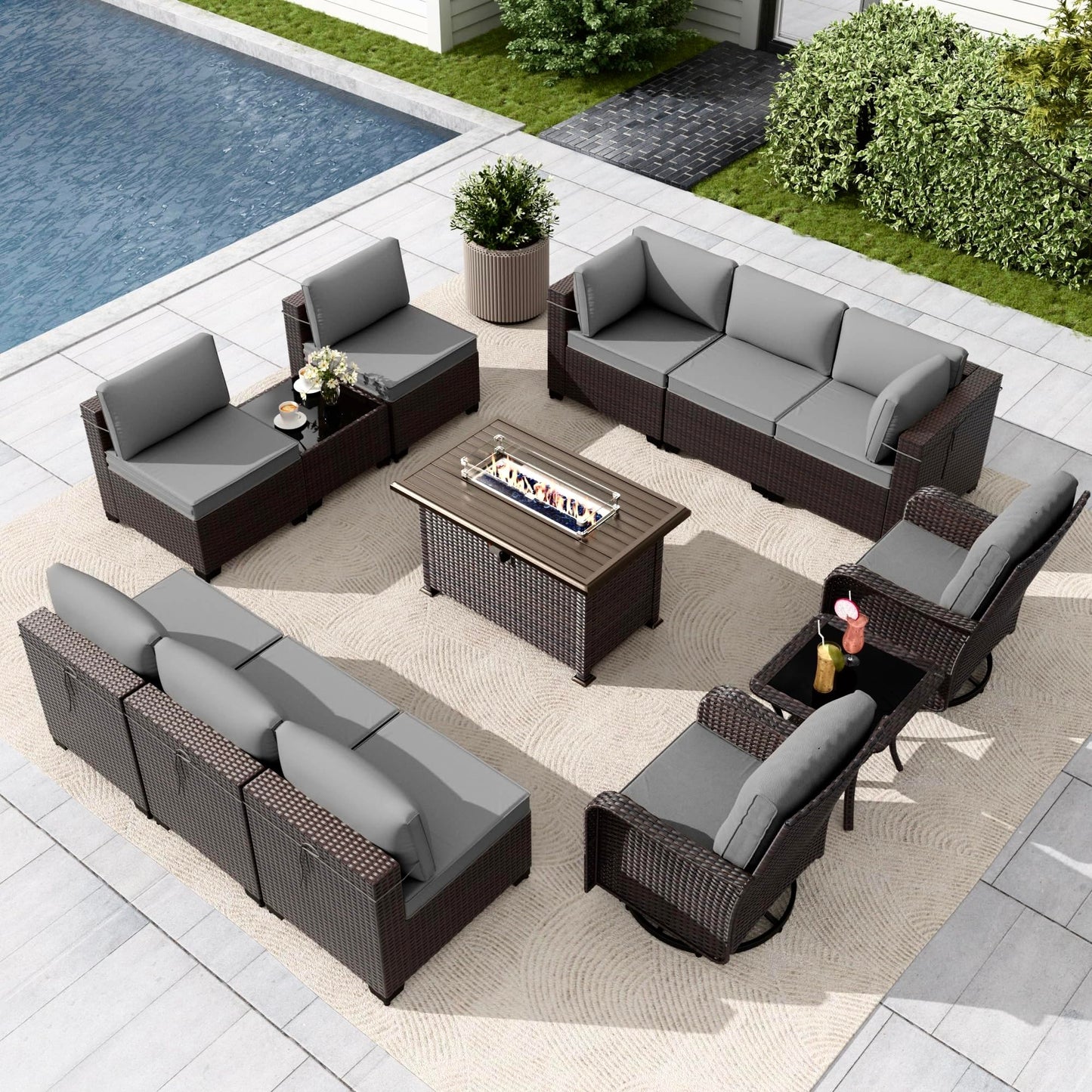 Gotland 13PCS Outdoor PE Rattan Wicker Patio Furniture Set with 43" Fire Pit Table & Swivel Rocking Chairs Set
