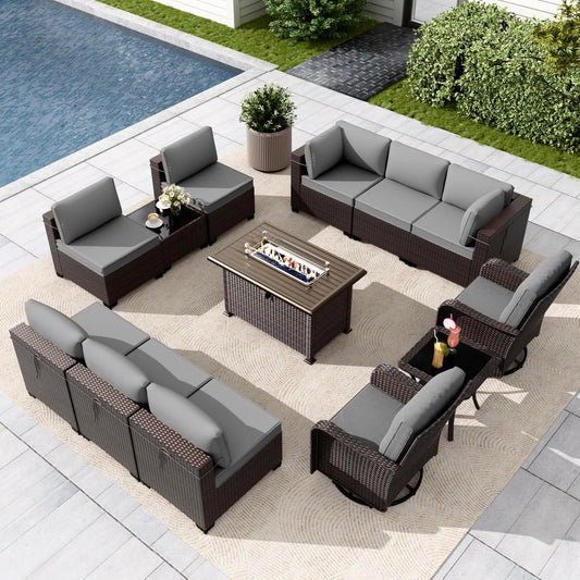 Gotland 13PCS Outdoor PE Rattan Wicker Patio Furniture Set with 43" Fire Pit Table & Swivel Rocking Chairs Set
