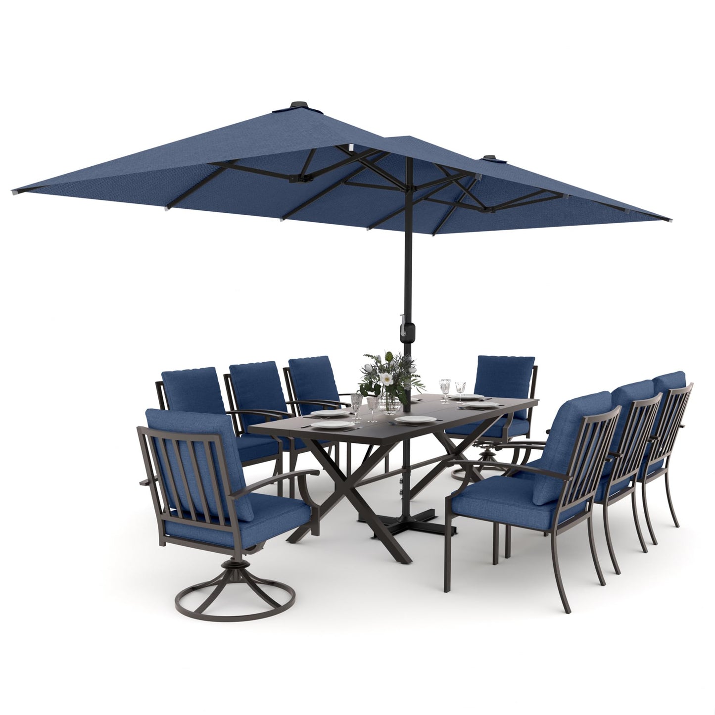 Gotland 10PCS Outdoor Patio Dining Set with 13.6ft Double-Sided Patio Umbrella, Patio Table and Chairs Metal Outdoor Patio Furniture Set, Dining Table Set with 8 Swivel Chairs