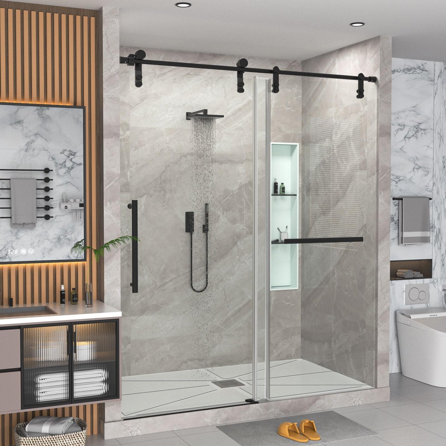 Gotland 56-60" W x 75" H Frameless Shower Door, Sliding Shower Door with 5/16" (8mm) Clear SGCC Tempered Glass Stainless Steel Hardware Waterproof Seal Explosion-Proof Film, Glass Shower Door