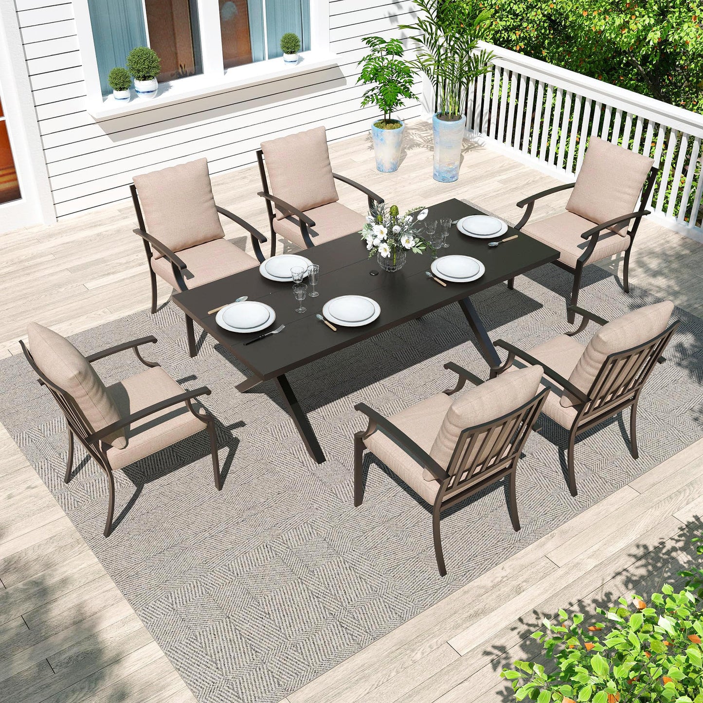 Gotland 7 Piece Outdoor Dining Set, Metal Outdoor Table and Chairs with X-Shaped Legs 1.5" Umbrella Hole, Patio Furniture Set with Waterproof Cushions, Patio Dining Sets for Backyard Deck ,Sand 5 out of 5 stars