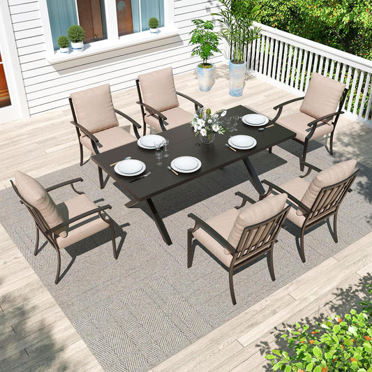 Gotland 7 Piece Outdoor Dining Set, Metal Outdoor Table and Chairs with X-Shaped Legs 1.5" Umbrella Hole, Patio Furniture Set with Waterproof Cushions, Patio Dining Sets for Backyard Deck ,Sand 5 out of 5 stars