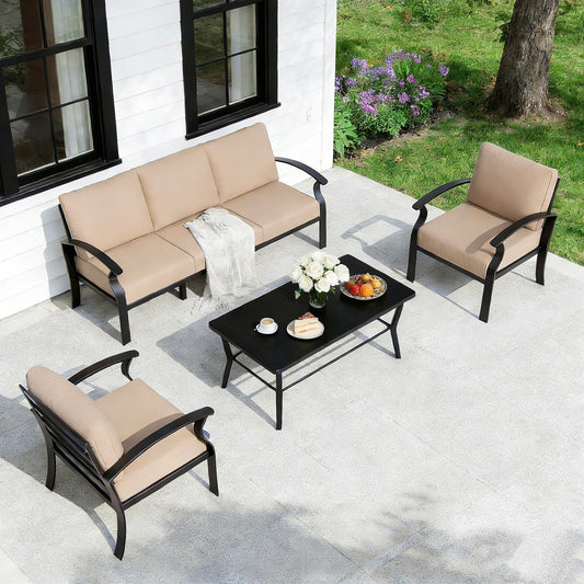 Gotland 5 Piece Aluminum Patio Furniture Set,Modern Metal Outdoor Patio Furniture w/5.1'' Thick Cushion and Rectangular Coffee Table,Patio Conversation Sets for Porch,Deck