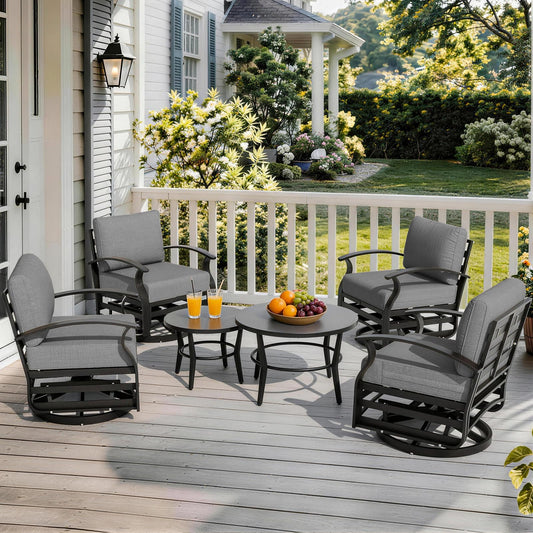 Gotland 6 Piece Patio Set, Aluminum Outdoor Swivel Chairs Set with Round Table 5.1’’ High-Resilience Seat Cushions 29.5" Deep Seating, Metal Patio Furniture Set Patio Conversation Sets